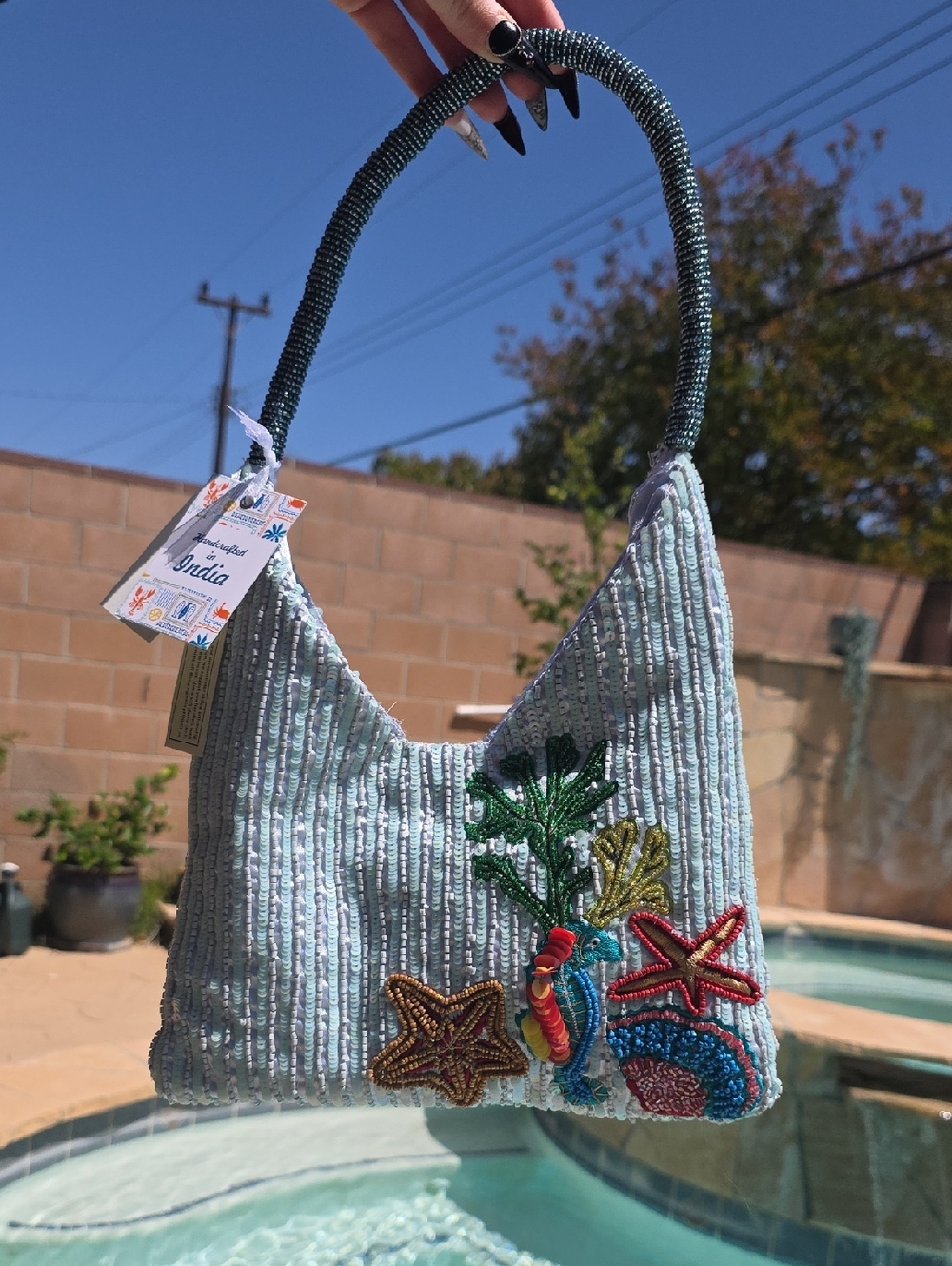 Viral Beaded Sea Horse Bag - Light Blue